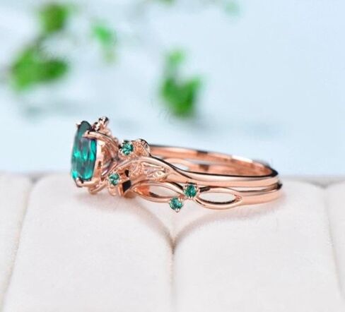 Nature Inspired Leaf emerald wedding ring set unique twig oval cut emerald engagement ring Art deco rose gold Branch anniversary ring set in Saudi Arabia
