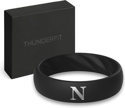 خواتم زفاف من السيليكون ThunderFit للنساء، حلقة سوداء محفورة أوليًا مخصصة من A-Z، بعرض 5.5 مم، وسمك 2 مم، وأشرطة خطوبة مطاطية، تتضمن علبة هدايا، عبوة واحدة in Saudi Arabia