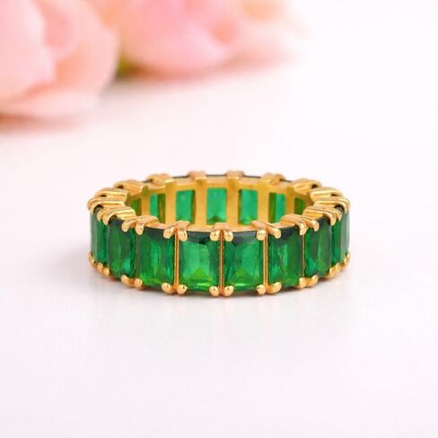 18K Solid Gold May Birthstone Emerald Baguette Eternity Band Bridal Wedding Engagement Stacking Band Art Deco Women Bridesmaid Fine Jewelry Party Wear Gift For Love in Saudi Arabia