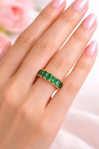 18K Solid Gold May Birthstone Emerald Baguette Eternity Band Bridal Wedding Engagement Stacking Band Art Deco Women Bridesmaid Fine Jewelry Party Wear Gift For Love in Saudi Arabia