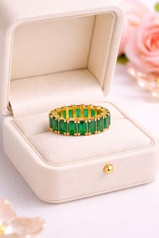 18K Solid Gold May Birthstone Emerald Baguette Eternity Band Bridal Wedding Engagement Stacking Band Art Deco Women Bridesmaid Fine Jewelry Party Wear Gift For Love in Saudi Arabia