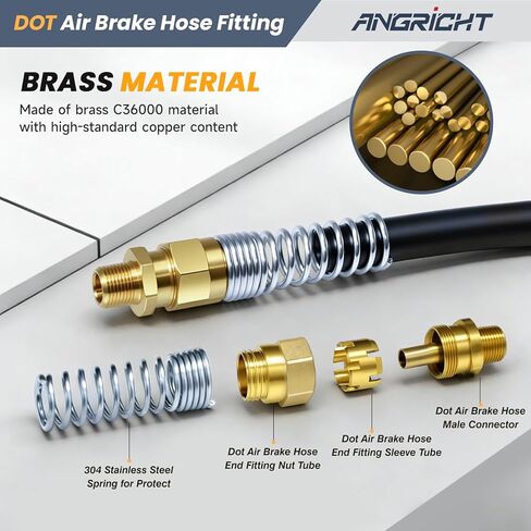 Truck Air Brake Hose Fittings Kit, ANGRICHT DOT Brass 1/2" x 3/8" NPT Male End Connector with Spring Guard, 5 Pack Heavy Duty Air Line Repair Fittings for Semi Trailer in Saudi Arabia