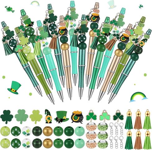 Geyoga 30 Pcs St. Patrick's Day Beadable Pens Green Lucky Shamrock Hat Gnome Ballpoint Bead Pens Black Ink DIY Pens with 90 Wooden Beads 30 Pens for Women Gifts Office Supplies in Kuwait