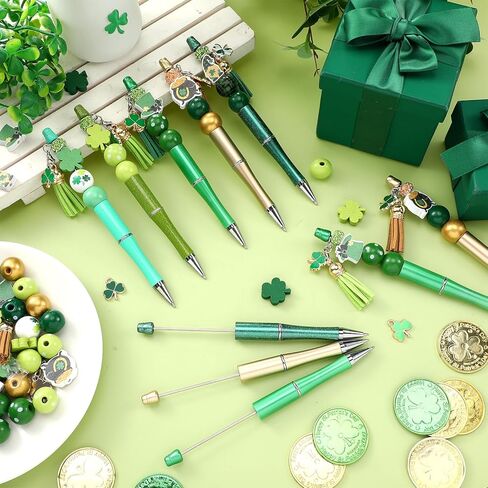 Geyoga 30 Pcs St. Patrick's Day Beadable Pens Green Lucky Shamrock Hat Gnome Ballpoint Bead Pens Black Ink DIY Pens with 90 Wooden Beads 30 Pens for Women Gifts Office Supplies in Kuwait