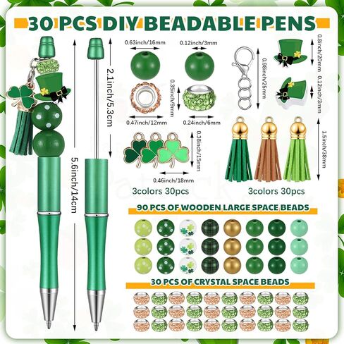 Geyoga 30 Pcs St. Patrick's Day Beadable Pens Green Lucky Shamrock Hat Gnome Ballpoint Bead Pens Black Ink DIY Pens with 90 Wooden Beads 30 Pens for Women Gifts Office Supplies in Kuwait