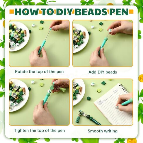 Geyoga 30 Pcs St. Patrick's Day Beadable Pens Green Lucky Shamrock Hat Gnome Ballpoint Bead Pens Black Ink DIY Pens with 90 Wooden Beads 30 Pens for Women Gifts Office Supplies in Kuwait