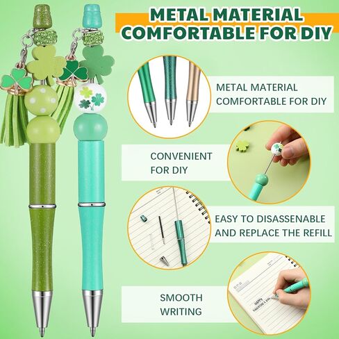 Geyoga 30 Pcs St. Patrick's Day Beadable Pens Green Lucky Shamrock Hat Gnome Ballpoint Bead Pens Black Ink DIY Pens with 90 Wooden Beads 30 Pens for Women Gifts Office Supplies in Kuwait