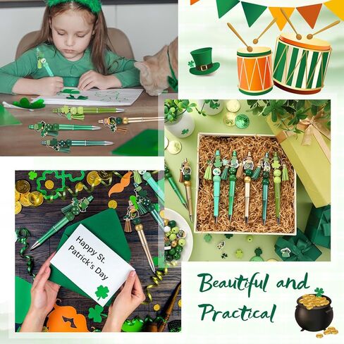 Geyoga 30 Pcs St. Patrick's Day Beadable Pens Green Lucky Shamrock Hat Gnome Ballpoint Bead Pens Black Ink DIY Pens with 90 Wooden Beads 30 Pens for Women Gifts Office Supplies in Kuwait