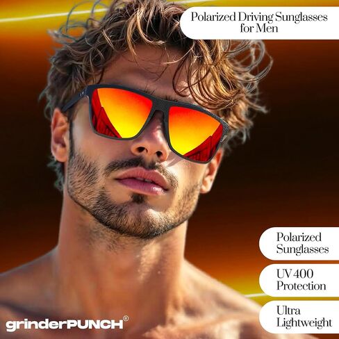 grinderPUNCH Polarized Sunglasses for Men Lightweight TR90 Frame UV400 Protection Square Sun Glasses for Driving Fishing Golf (Red) in Saudi Arabia
