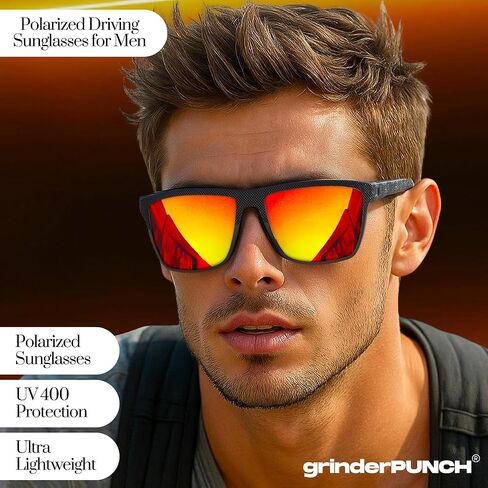 grinderPUNCH Polarized Sunglasses for Men Lightweight TR90 Frame UV400 Protection Square Sun Glasses for Driving Fishing Golf (Red) in Saudi Arabia