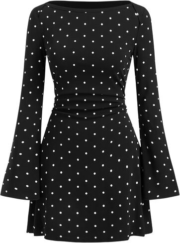 CIDER Polka Dot Dress Women Mini Dress Long Sleeve Boat Neck High Waist Bell Sleeve Ruched A Line in Saudi Arabia