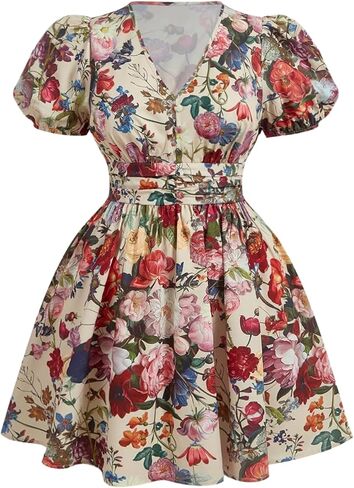 Floerns Women's Plus Size Floral Puff Sleeve A Line Dress Smocked Ruffle Beach Vacation Dresses in Saudi Arabia