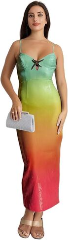 Owl's-Yard Women Sexy Maxi Dress Y2K Spaghetti Strap Floral Print Low Cut Backless Slim Fit Sequins Long Cocktail Dress in Kuwait