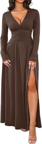 Kaei&Shi Long Sleeve Formal Dress,Deep V Neck High Slit Ruched Dresses for Women,Elegant Cocktail Wedding Guest Outfit in Saudi Arabia