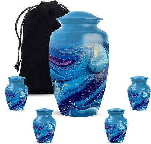 Large Blue Urns - Cremation Urns for Human Ashes Adult Female, Blue Funeral Keepsake Urn for Ashes Adult Male, Cremation Urn, Decorative Memorial Gift for Father (10 Inch & 3 Inch, Set of 5) in Saudi Arabia