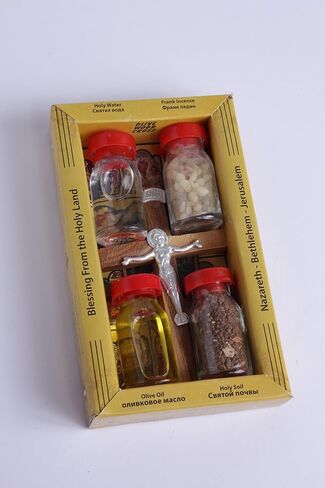 New Set Holy Land Set 5 In1 Olive Wood Cross Set with 4 Bottles - Oil, Jordan Water,Holy Land Essences & Holy Earth in Kuwait