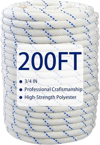 3/4" x 200' High Force Braid Polyester Rope, 24 Strand Bull Rope Up to 20000Lbs Tensile Strength, Heavy Duty Tree Rope, Ideal for Tree Work, Camping and Swings, Blue and White in Kuwait