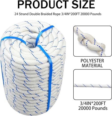 3/4" x 200' High Force Braid Polyester Rope, 24 Strand Bull Rope Up to 20000Lbs Tensile Strength, Heavy Duty Tree Rope, Ideal for Tree Work, Camping and Swings, Blue and White in Kuwait