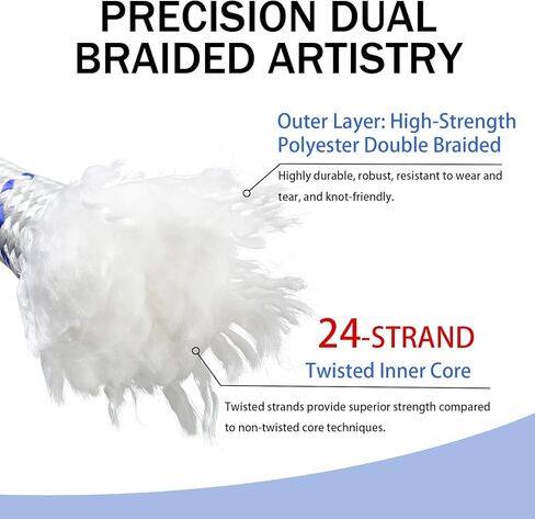 3/4" x 200' High Force Braid Polyester Rope, 24 Strand Bull Rope Up to 20000Lbs Tensile Strength, Heavy Duty Tree Rope, Ideal for Tree Work, Camping and Swings, Blue and White in Kuwait