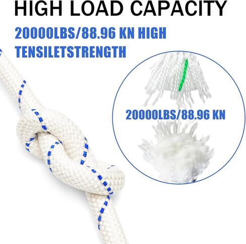 3/4" x 200' High Force Braid Polyester Rope, 24 Strand Bull Rope Up to 20000Lbs Tensile Strength, Heavy Duty Tree Rope, Ideal for Tree Work, Camping and Swings, Blue and White in Kuwait