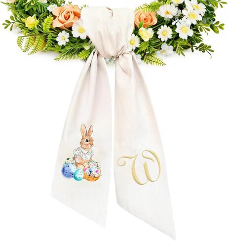 Rabbit Easter Wreath Sash for Front Door, Embroidered Monogram Spring Bunny Wreath Sash for Front Door Handmade Easter Decorations Spring Bows for Wreaths in Saudi Arabia