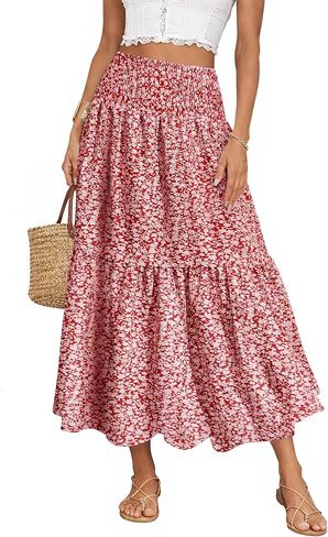 IWD Summer Long Skirts for Women Casual Smocked Elastic Waist Floral Maxi Skirt Flowy Swing A-Line Boho Skirt in Saudi Arabia