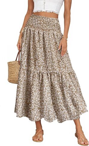 IWD Summer Long Skirts for Women Casual Smocked Elastic Waist Floral Maxi Skirt Flowy Swing A-Line Boho Skirt in Saudi Arabia