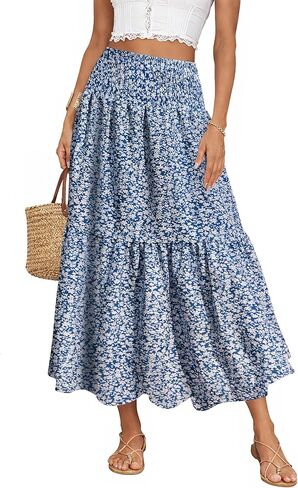IWD Summer Long Skirts for Women Casual Smocked Elastic Waist Floral Maxi Skirt Flowy Swing A-Line Boho Skirt in Saudi Arabia