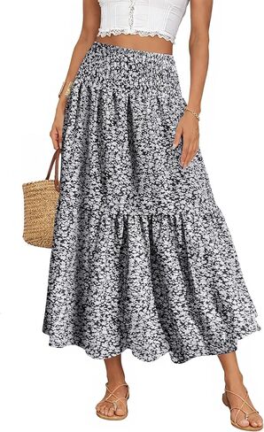 IWD Summer Long Skirts for Women Casual Smocked Elastic Waist Floral Maxi Skirt Flowy Swing A-Line Boho Skirt in Kuwait