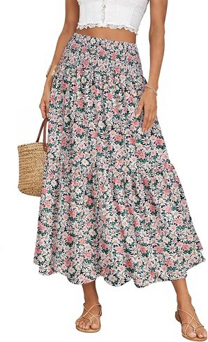 IWD Summer Long Skirts for Women Casual Smocked Elastic Waist Floral Maxi Skirt Flowy Swing A-Line Boho Skirt in Saudi Arabia