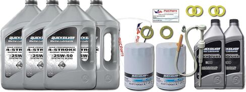Mercury Quicksilver Verado Twin Engine Oil Change Kit L6 200-400 HP - 25W-50 Oil (4 Gal), Dual Filters 877769Q01, Gear Lube (2 Qt), Seals, Pump & Funnel Fits 200, 225, 250, 275, 300, 350, 400 HP in Kuwait