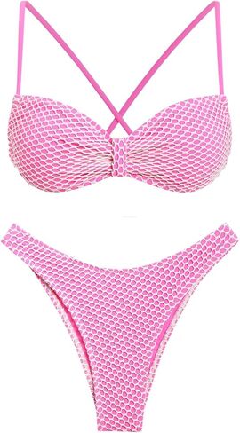seamoly Glitter Metallic Fishnet Overlay Criss Cross Bikini Set, Light Pink in Kuwait