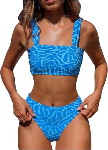OYOANGLE High Waisted Bikini Sets for Women Printed Wide Strap Swimsuits Beach Sports Bathing Suits in Saudi Arabia