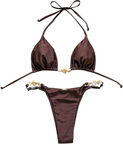 GORGLITTER Women's Boho String Bikini Beaded Halter Triangle Swimsuits Two Piece Bathing Suits in Saudi Arabia