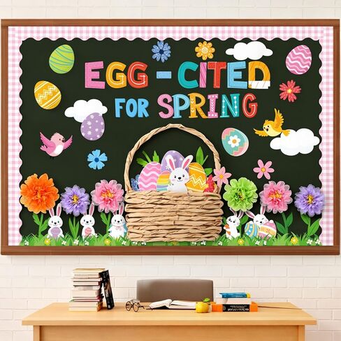 Pasimy 72 Pcs Spring Easter Bulletin Board Decorations 3D Egg Bunny Flowers Paper Cutouts Classroom Decors Egg Cited for Spring with Grass Flowers Birds Bunny for Home Nursery School Party Supplies in Saudi Arabia