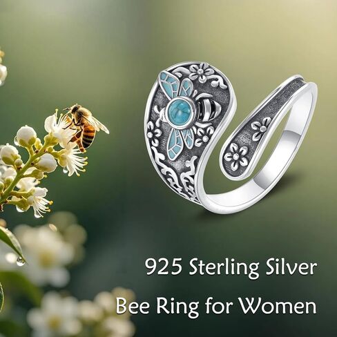 VONALA Vintage Sterling Silver Honeybee Spoon Ring with Crushed Turquoise, Symbolic Women's Jewelry, Meaningful Gift for Her, Mother's Day, Anniversary, Self-Love, Adjustable Size 6–8 in Saudi Arabia