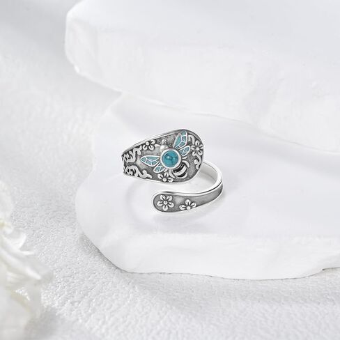 VONALA Vintage Sterling Silver Honeybee Spoon Ring with Crushed Turquoise, Symbolic Women's Jewelry, Meaningful Gift for Her, Mother's Day, Anniversary, Self-Love, Adjustable Size 6–8 in Saudi Arabia