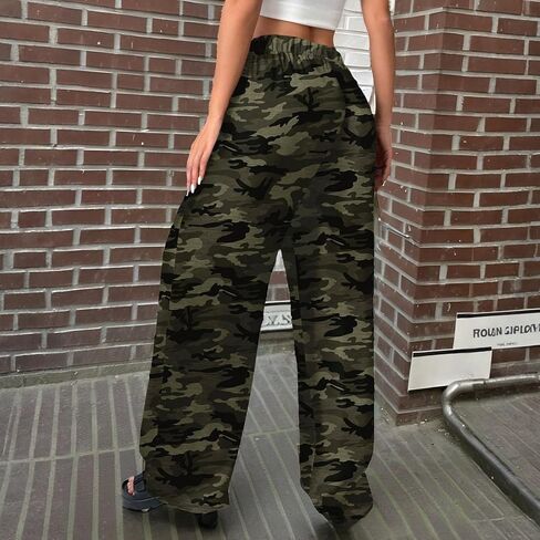 Cargo Pants for Women Drawstring Waist Casual Pants Baggy Stretchy Wide Leg Y2K Streetwear with Pockets in Saudi Arabia
