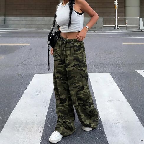 Cargo Pants for Women Drawstring Waist Casual Pants Baggy Stretchy Wide Leg Y2K Streetwear with Pockets in Saudi Arabia