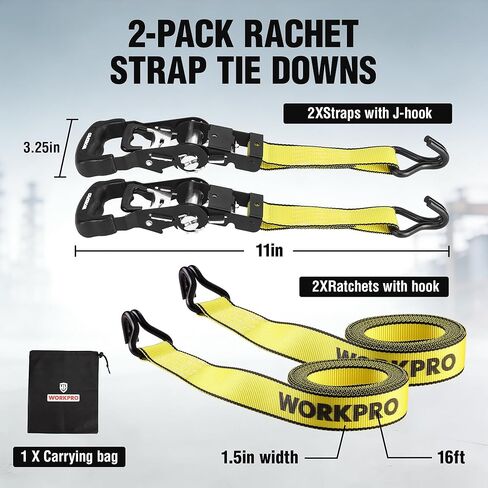 WORKPRO Ratchet Tie Down Straps, 2-Pack | 1.5" x 16' | 3300 lbs Break Strength Heavy Duty Ratchet Straps, Fits for Moving Appliances Motorcycle ATV Truck (Yellow) in Saudi Arabia