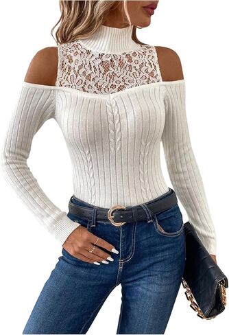 WDIRARA Women's Cold Shoulder Turtle Neck Sweathers Lace Fitted Rib Knit Pullover Tops in Saudi Arabia
