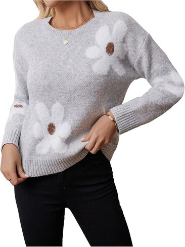 MakeMeChic Women's Winter Floral Sweater Long Sleeve Rib Knitted Crew Neck Pullovers in Saudi Arabia