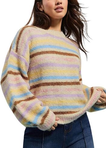 chouyatou Women's Fall Fuzzy Contrast Striped Pullover Sweater Cute Y2K Ribbed Knit Sweater Jumper Tops in Saudi Arabia