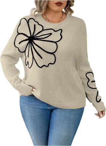Women's Plus Size Floral Sweater Crew Neck Long Sleeve Pullover Sweaters Fall Jumper in Saudi Arabia