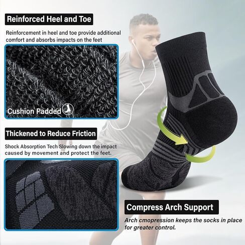 جوارب جري رياضية Coolmax للكبار مع وسادة بدون خياطة عند أصابع القدم، بدون عرض وطول ربع أسود ورمادي X-Large in Kuwait