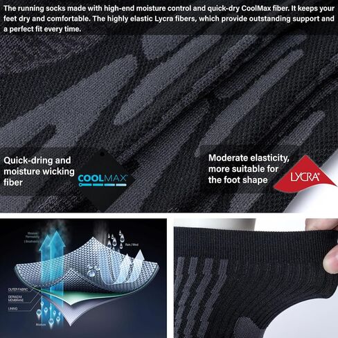 جوارب جري رياضية Coolmax للكبار مع وسادة بدون خياطة عند أصابع القدم، بدون عرض وطول ربع أسود ورمادي X-Large in Kuwait