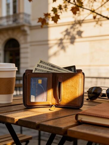 Men's Zipper Short Leather Wallet, Rich Reddish Brown Leather (Reddish Brown) in Saudi Arabia