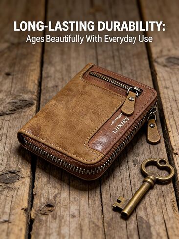 Men's Zipper Short Leather Wallet, Rich Reddish Brown Leather (Reddish Brown) in Saudi Arabia