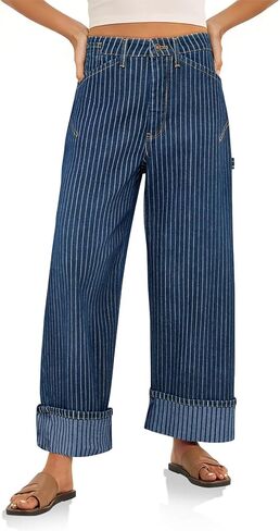 Cicy Bell Womens Striped Wide Leg Jeans Baggy Boyfriend High Waisted Cuffed Denim Pants with Pockets in Saudi Arabia