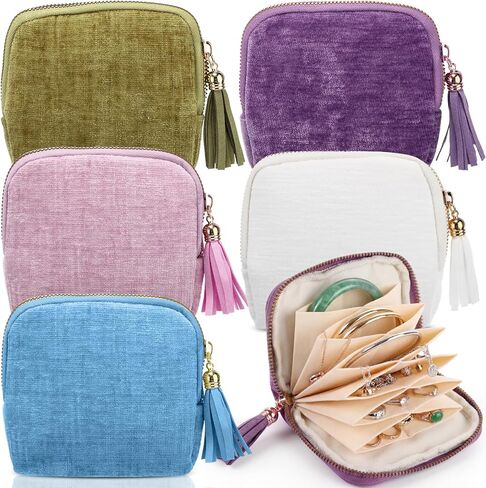Hsei 5 Pack Small Travel Jewelry Case Bulk Small Jewelry Organizer for Women 6-layer Velvet Zipper Pouch Bag Bridesmaid Gifts for Bangles Link Bracelets Storage Protect in Kuwait